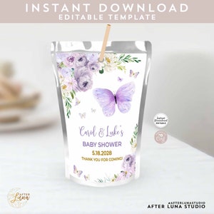 Editable Purple Lavender Purple Floral Butterfly Birthday Capri Sun Caprisun Label Birthday Party Printable Template Instant Download 554BB