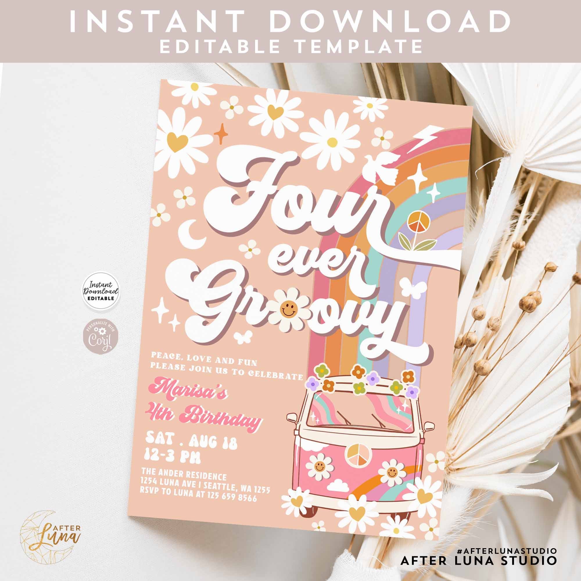 Editable Four Ever Groovy Invite Groovy 4th Birthday Invite Daisy ...