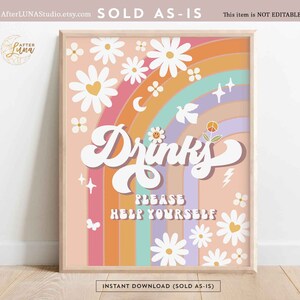 Groovy Birthday Party Decor 70&#39; Daisy Drink Table Decor Groovy Rainbow Hippie Verjaardag Decoratie Decors Afdrukbare Instant Download 633K1
