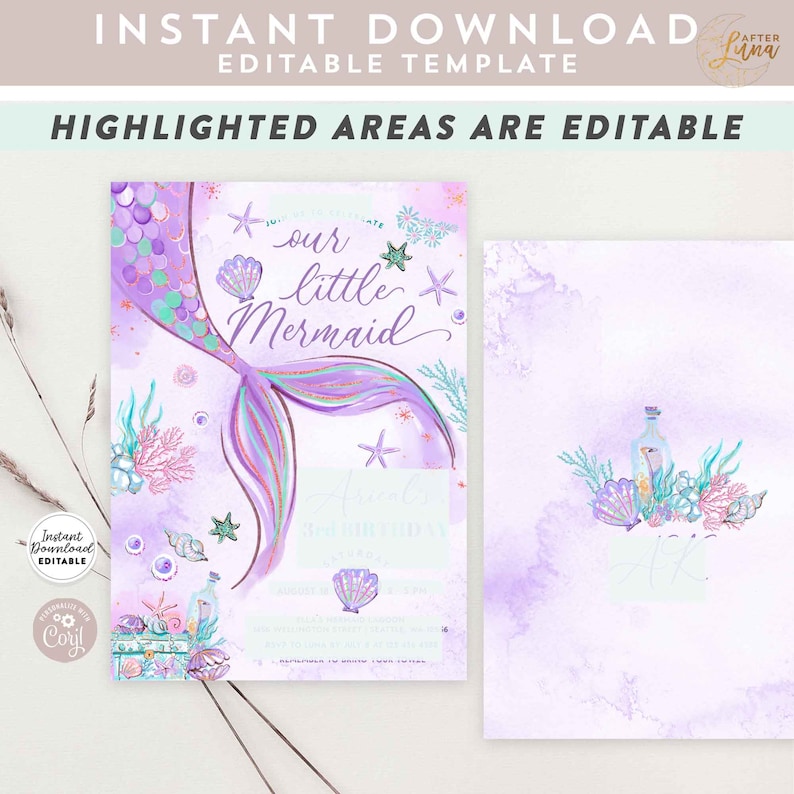 Editable Under the Sea Purple Teal Little Mermaid Birthday Invitation Birthday Invite Invites Printable Template Instant Download 1329V2 1 image 4