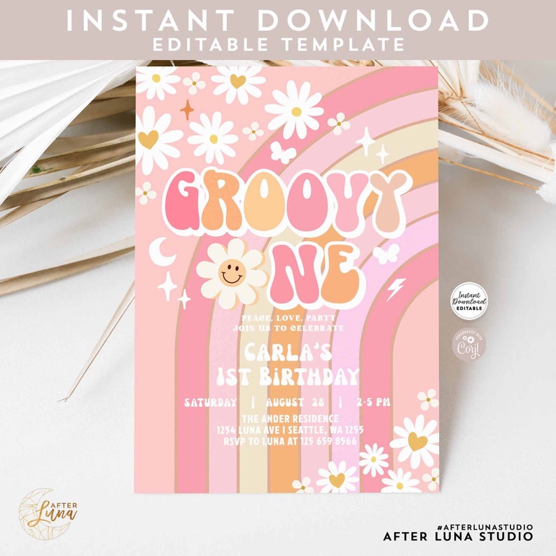 Editable Groovy One Pink Daisy Rainbow Groovy ONE 1st Birthday Invite ...