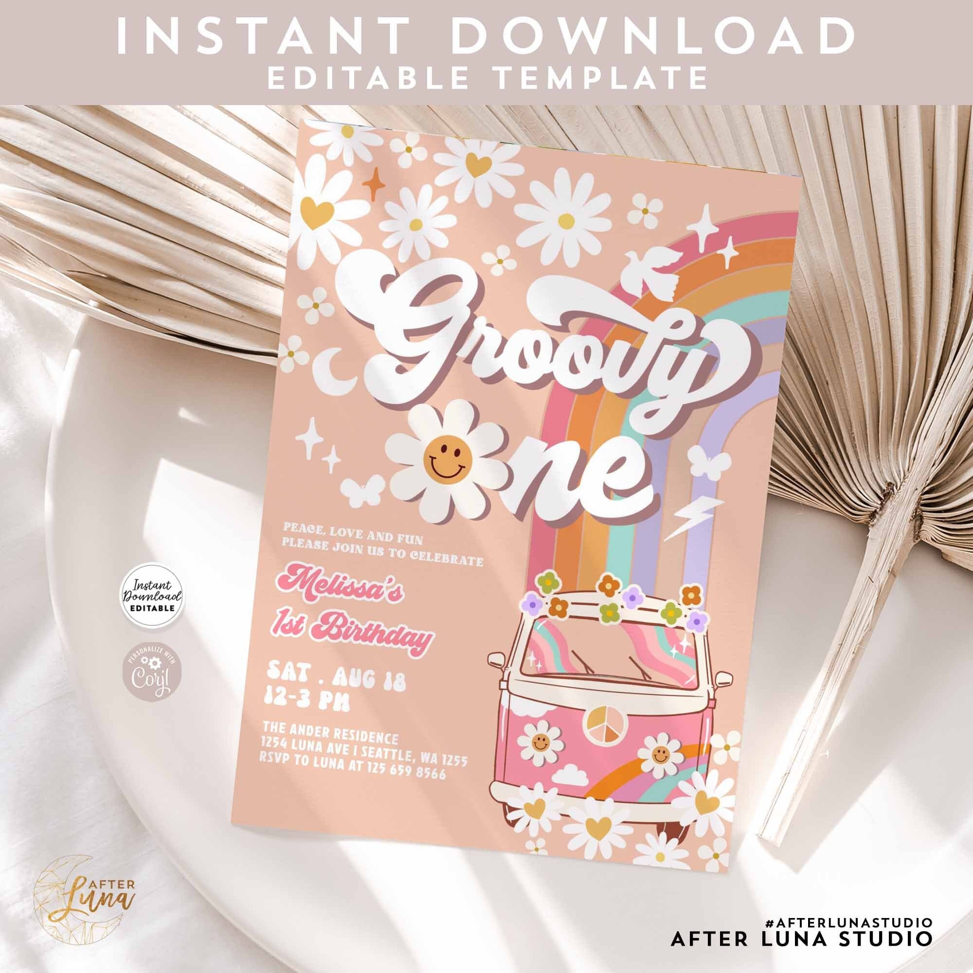 Editable Pink Daisy Rainbow Groovy Van Groovy ONE 1st Birthday Invite Retro Hippie Party Invitation Template Instant Download