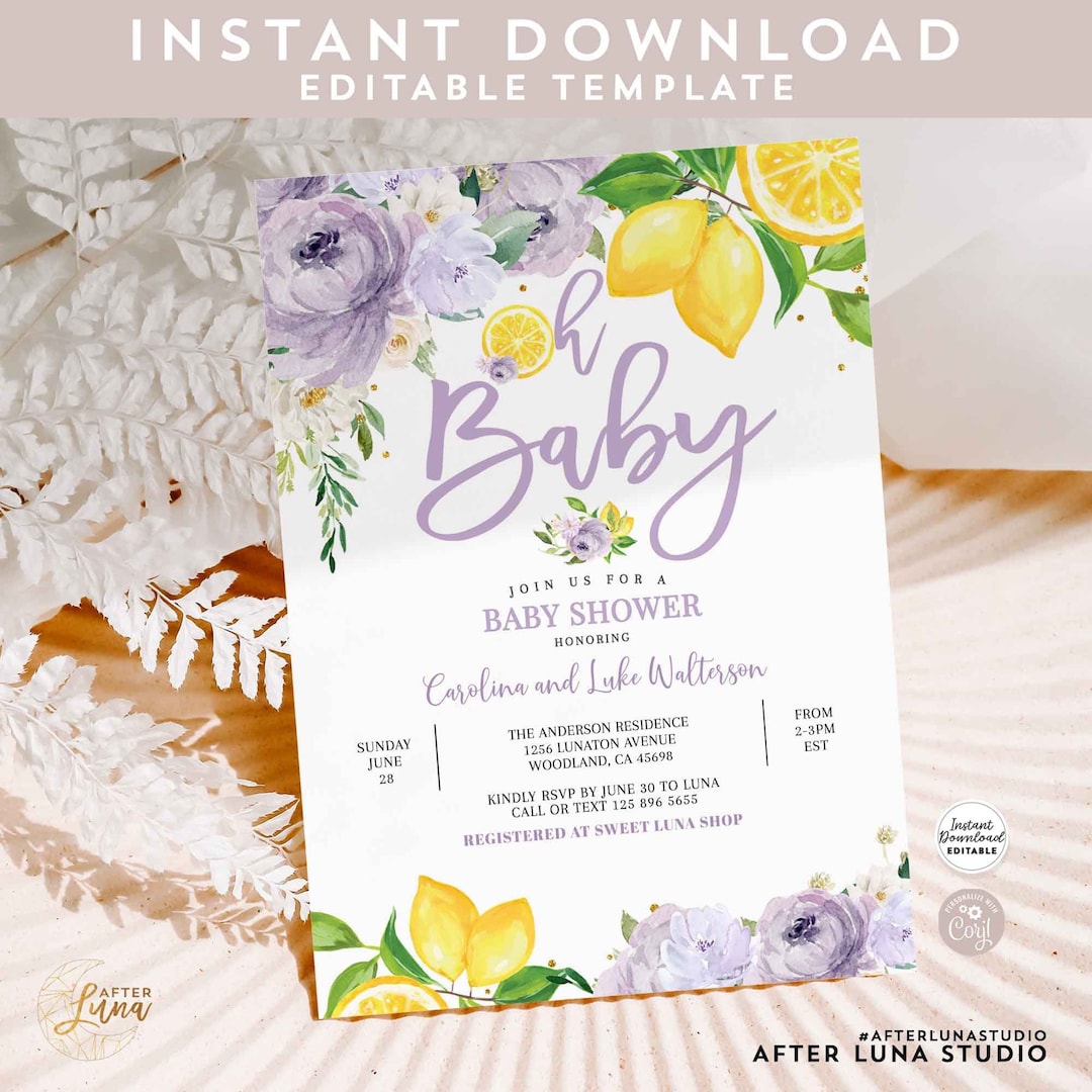 Editable Purple Lavender Floral Citrus Lemon Baby Shower Sprinkle ...