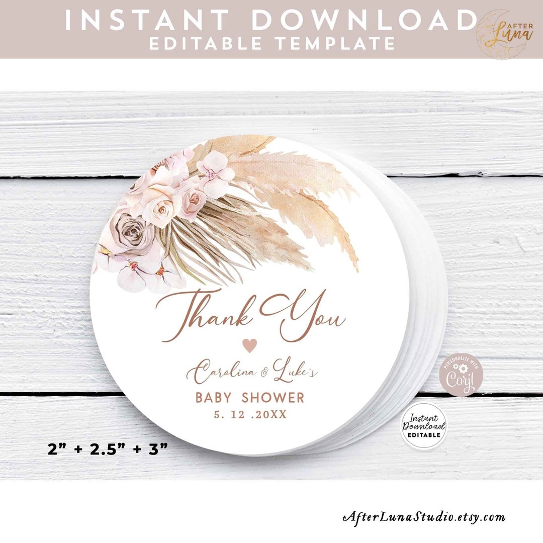 Editable Pampas Grass Bohemian Boho Baby Bridal Shower Birthday Thank ...