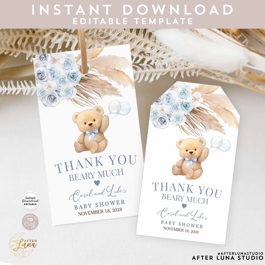 Editable Boho Blue Pampas Grass Boy Teddy Bear Baby Shower Thank You ...