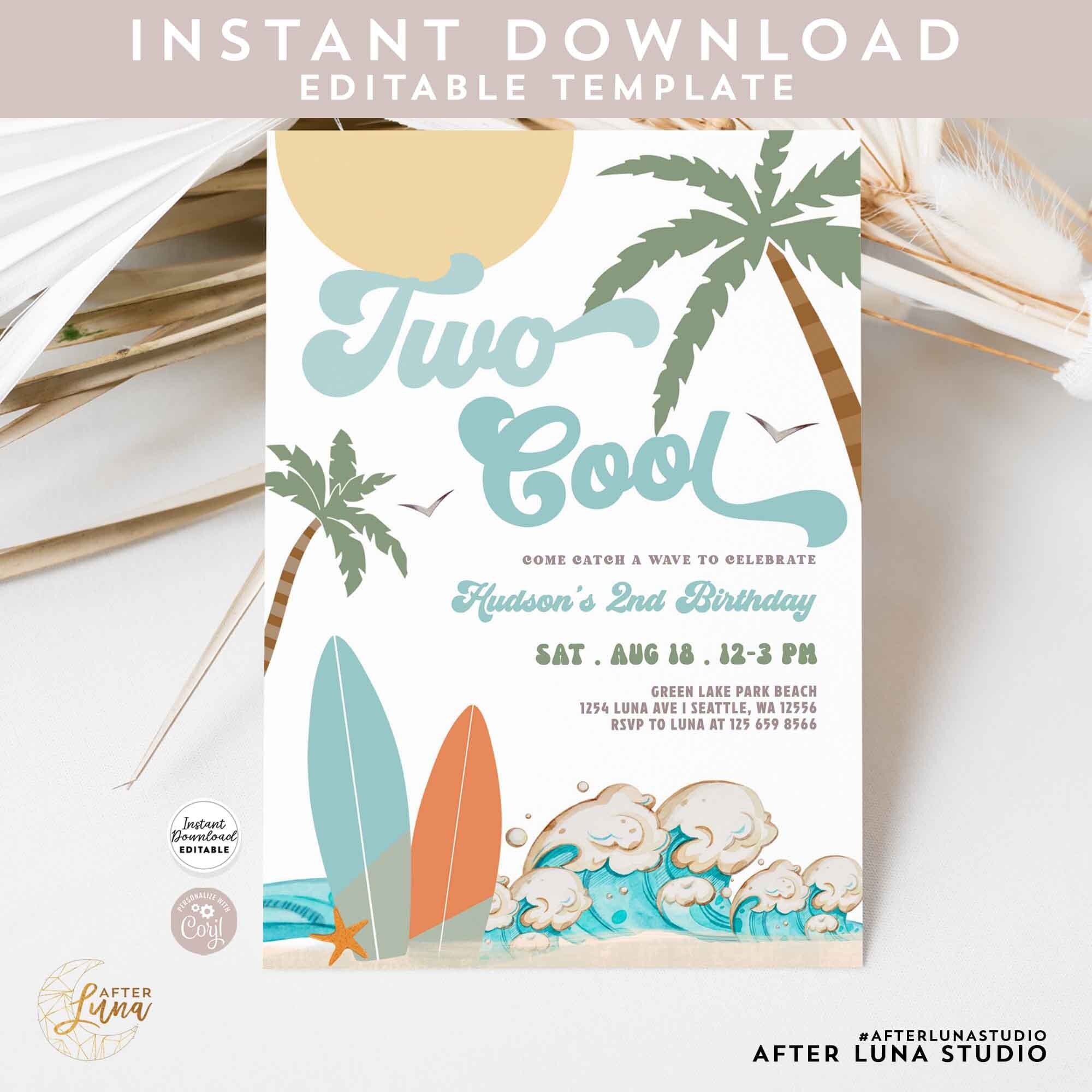 Editable Boy Surf Surfing 2nd Birthday Invite Two Cool Modern Surfboard Beach Party Invitation Invite Instant Download 630K1