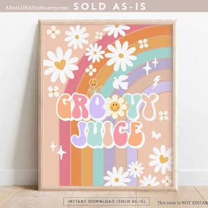 Groovy Birthday Party Decor 70&#39; Daisy Groovy Juice Sign Decor Groovy Rainbow Hippie Verjaardag Decoratie Afdrukbare Instant Download 633K4