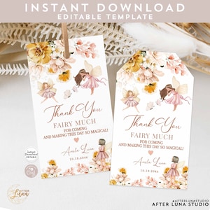 Blush editável obrigado fada muito tag fada aniversário favor tag tags modelo digital para impressão de aniversário download instantâneo 858k1