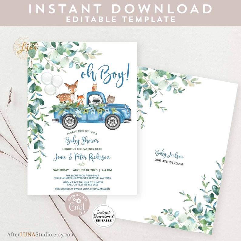 Editable Woodland Blue Truck Baby Shower Invitation Boy Blue Pickup Truck Greenery Woodland Animal Bear Invite Instant Download AL572 V5 image 5