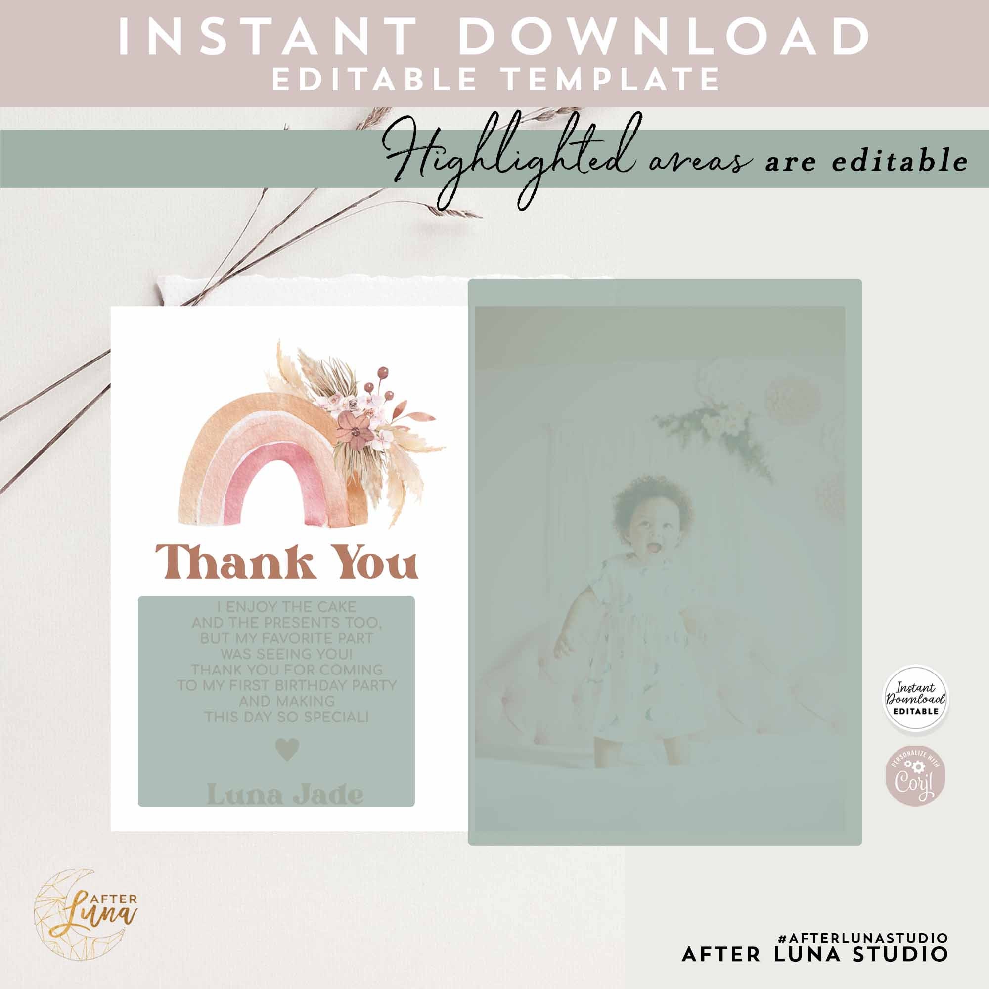 Editable 5x7" Photo Thank You Card Boho Rainbow Birthday Pampas Grass ...