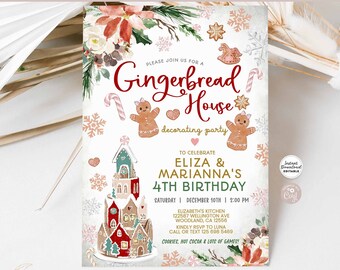 Editable Gingerbread House Decorating Birthday invitation Twins Joint Girl Birthday Invite Template Instant Download 170 (2)