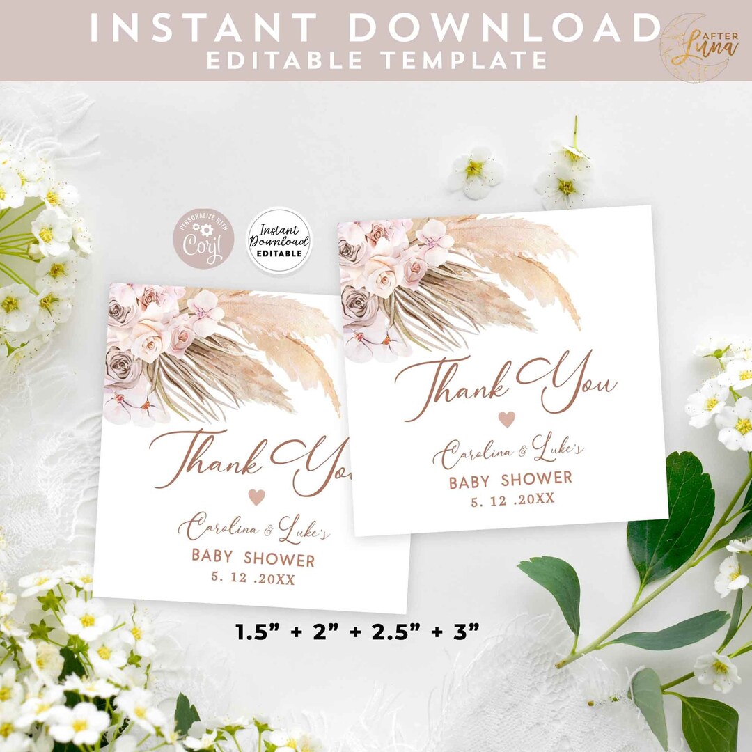 Editable Pampas Grass Bohemian Boho Baby Bridal Shower Birthday Thank ...