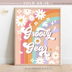 Groovy Birthday Party Decor 70&#39; Daisy Groovy Gear Sign Decor Groovy Rainbow Hippie Verjaardag Decoratie Afdrukbare Instant Download 633K1
