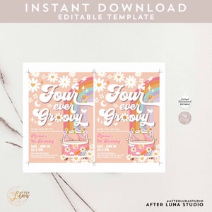 Editable Four Ever Groovy Invite Groovy 4th Birthday Invite Daisy ...