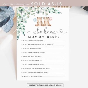 TWINS Greenery Boy Girl Teddy Bear Who Knows Mommy Best Game Virtual Twin Baby Shower Baby Sprinkle Games Instant Download 1432V4