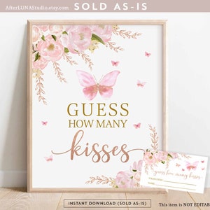 Butterfly Guess How Many Kisses Game Pink Rose Gold Butterfly Bridal Shower Brunch Games Digital Printable Instant Download 1406BR