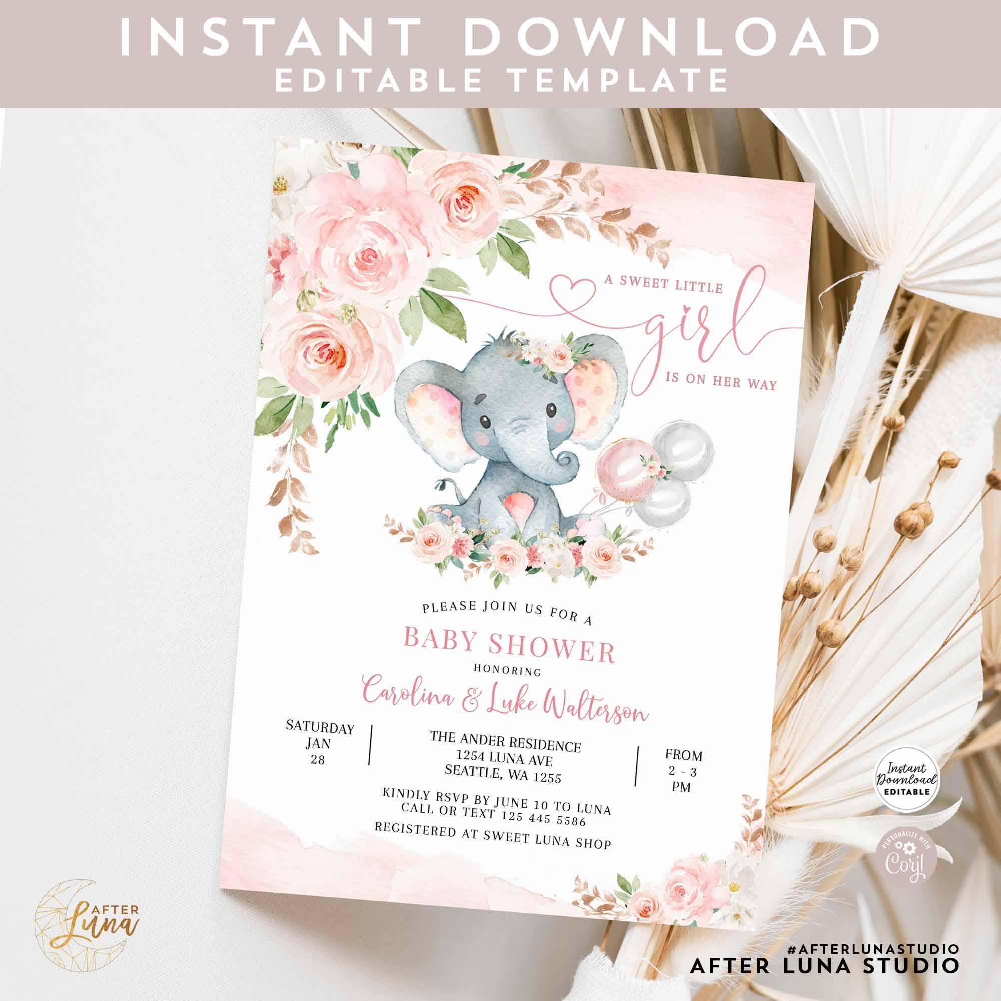 EDITABLE Blush Pink Rose Gold Elephant Baby Shower Invitation Girl Baby ...