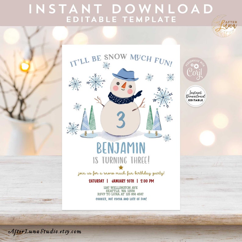 Editable ANY AGE Boy Winter Birthday Invitation Snow Much Fun Snowman Birthday Invite Template Instant Download 1496 (4) image 5