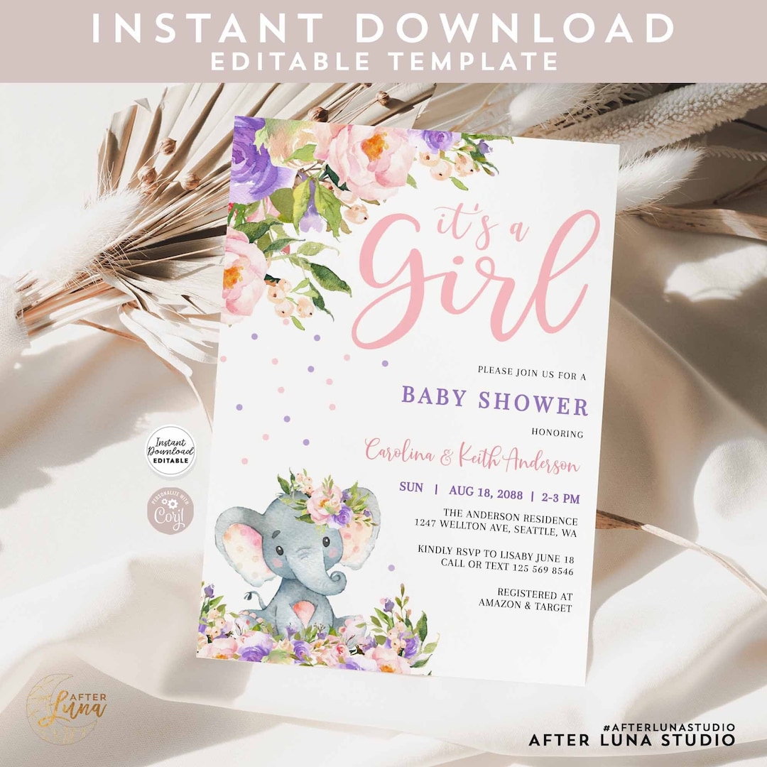 Editable Pink Purple Elephant Baby Shower Invitation Girl Elephant Baby ...