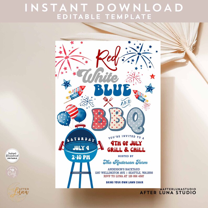 Editable 4th of July BBQ Invitation Red White Blue BBQ Fourth of July ...