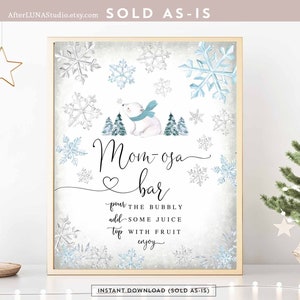 Digital Winter Blue Boy Polar Bear Momosa Bar Sign Blue Snowflake Winter Boy Baby Shower Decor Decoration Sign Instant Download 874V1