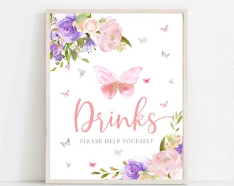Púrpura rosa mariposa bebida mesa signo rubor rosa púrpura mariposa bebé ducha espolvorear decoración digital imprimible descarga instantánea AL179