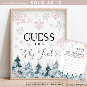 Winter Pink Snowflake Baby Shower Adivina el juego de comida para bebés Winter Snowy Tree Imprimible Virtual Baby Shower Juegos Descarga instantánea 120V3