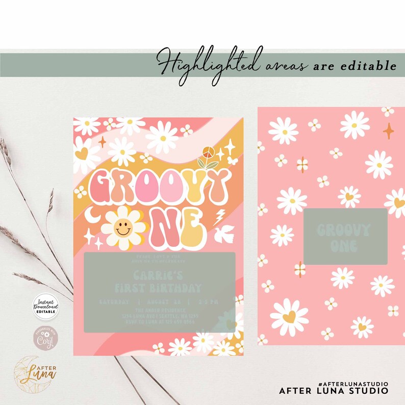 Editable Groovy ONE 1st First Birthday Invite Pink Peach Groovy Daisy ...