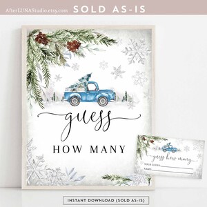 Winter Blue Truck Snowflake Adivina cuántas cartas y letreros juego Blue Truck Virtual Long Distance Baby Shower Descarga instantánea 1235V1