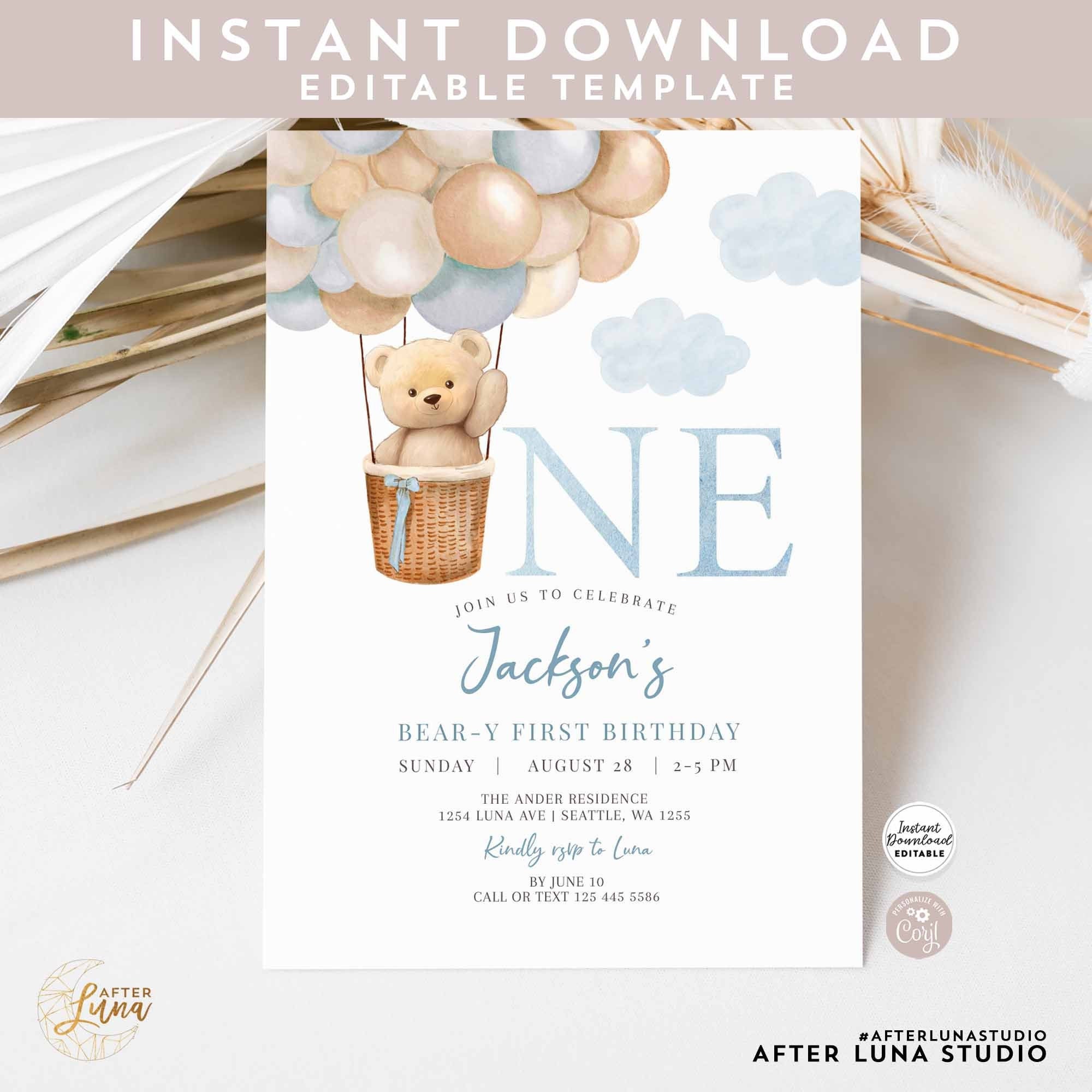 Editable 1st Birthday Boy Teddy Bear Hot Air Balloon Birthday Etsy Australia