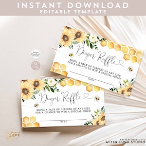 Plantilla imprimible para baby shower con diseño de girasol, abeja, abejorro y pañal para rifa. Descarga instantánea. 846V1