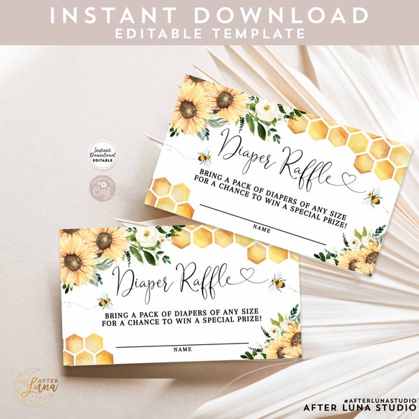 Editable Sunflower Honey Bee Bumble Bee Baby Shower Diaper Raffle Ticket Insert Raffle Card Printable Template Instant Download 846V1