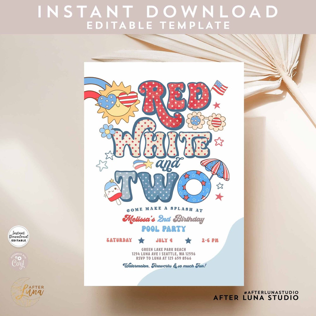 Editable Girl 4th of July Pool Party Red White and TWO 2nd Birthday ...