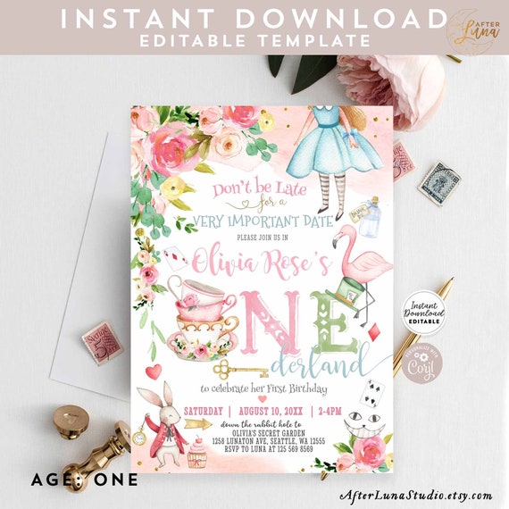 Editable Alice in Wonderland Invitation Alice in Onederland Etsy