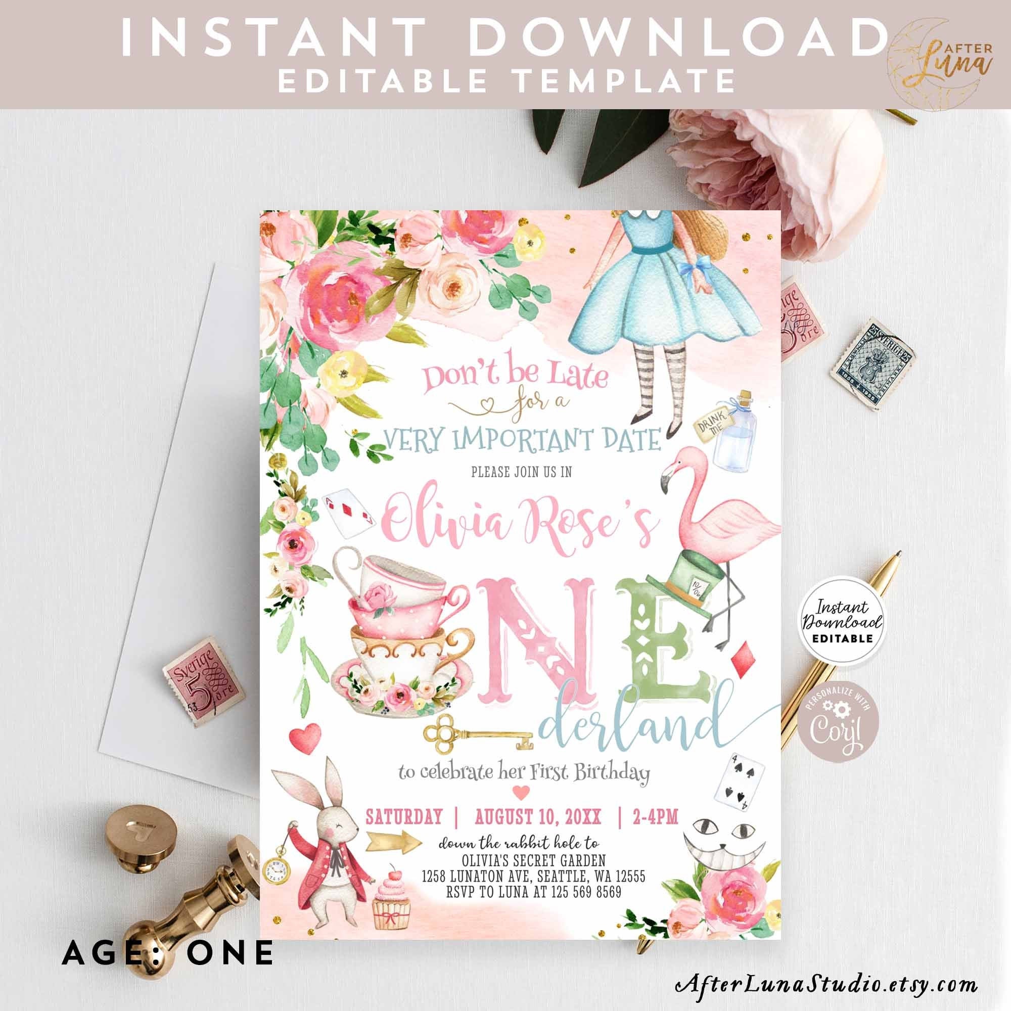 Editable Alice in Wonderland Invitation Alice in Onederland 1st