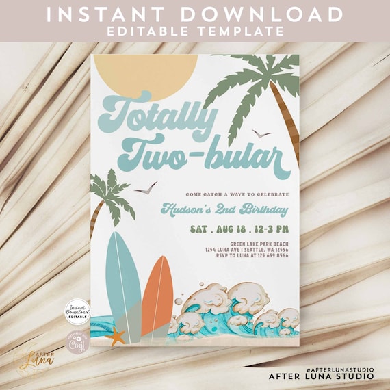 Totally Two-bular Surf 2nd Birthday Invitation: Beach Surfing Invite Template 630K1 (2-1)
