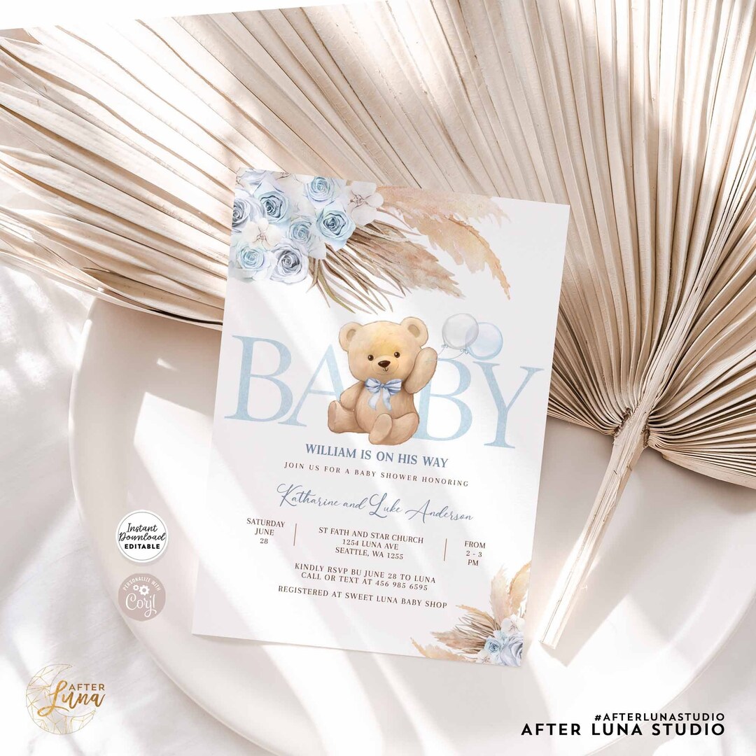 Editable Blue Pampas Grass Boy Boho Teddy Bear Baby Shower Invitation ...