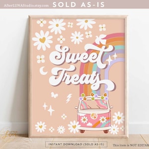 May include: A digital print featuring a pink vintage van with a rainbow and flowers. The text "Sweet Treats" is written in a retro font above the van. The background is peach with white daisies.