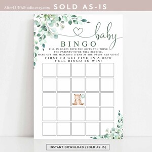 GREEN BALLOON Greenery Teddy Bear Gender Neutral Baby Bingo Game Virtual Baby Shower Baby Sprinkle Games Instant Download 1432V6