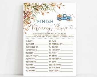 Fall Pumpkin Blue Truck Baby Shower Game Finish Mommy's Phrase Game Fall Virtual Baby Shower Games Printable Digital Instant Download 1261V1