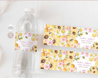 Editable Sunflower Pink Daisy Bee Water Bottle Label Baby Shower Sprinkle Water Bottle Decor Label  Printable Instant Download 800V1