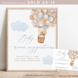 Blue Boy Teddy Bear Mongolfiera Nome del bambino Suggerimenti Gioco Boho Possiamo Beary Wait Baby Shower Download stampabile digitale 905V1