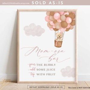 Pink Tan Teddy Bear Hot Air Balloon Mom Osa Bar Momosa Bar Sign Boho We Can Beary Wait Decor Baby Shower Digital Printable Download 905V5