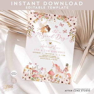 Editable Joint Double Birthday Enchanted Magical Unicorn Fairy Birthday Invitation Garden Fairy Birthday Invite Instant Download 958V1 (4)