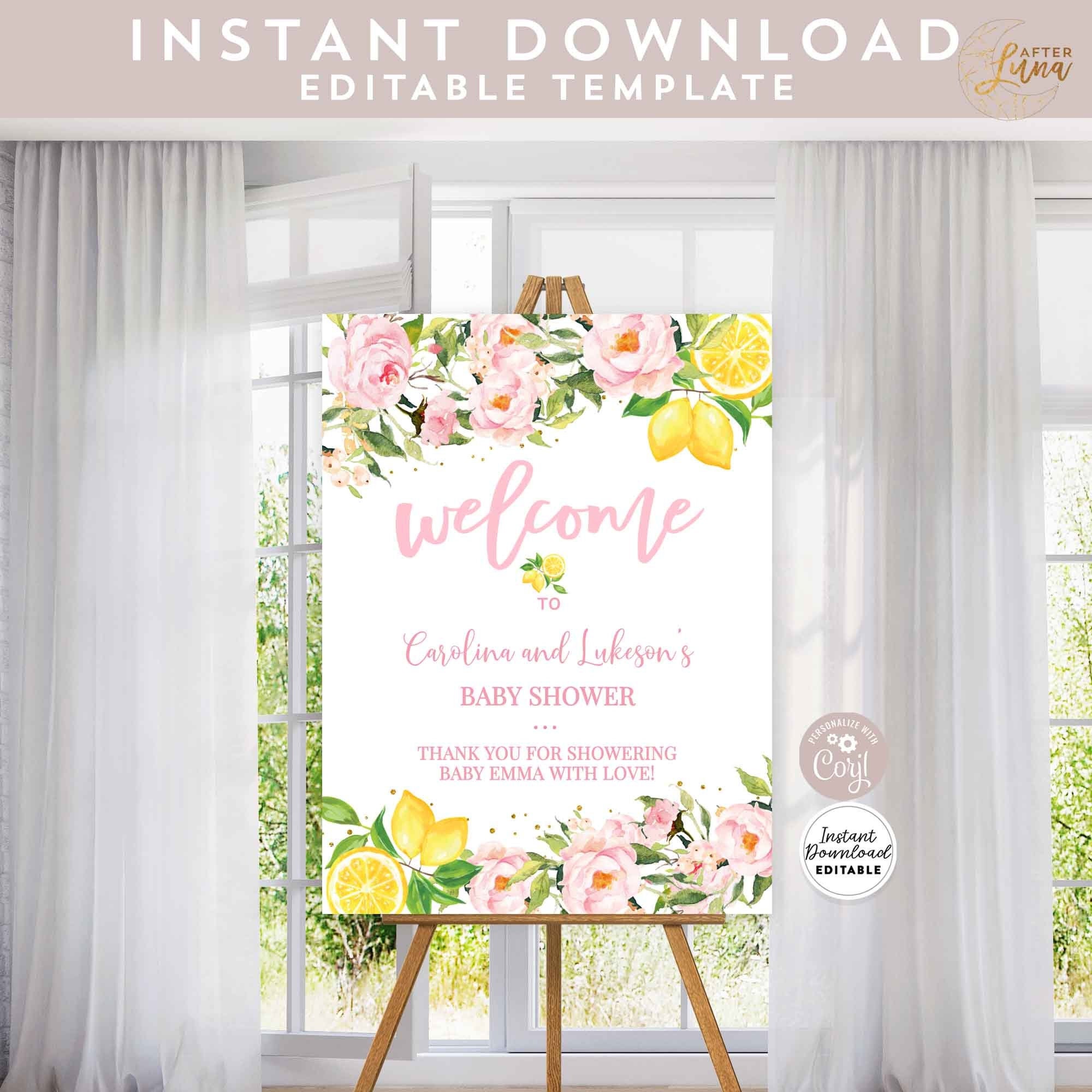 Editable Blush Pink Floral Lemon lemonade Baby Shower Sprinkle Sip and See Welcome Yard Sign Instant Download 1490BB