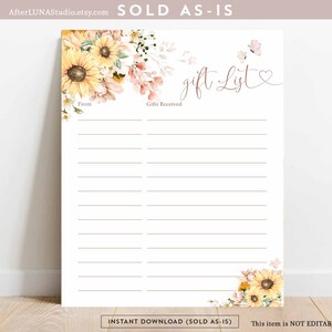 Sunflower Wildflower Gift List Sheet Sign Sunflower Baby Shower Sprinkle Decor Decoration Digital Printable Instant Download 820V1