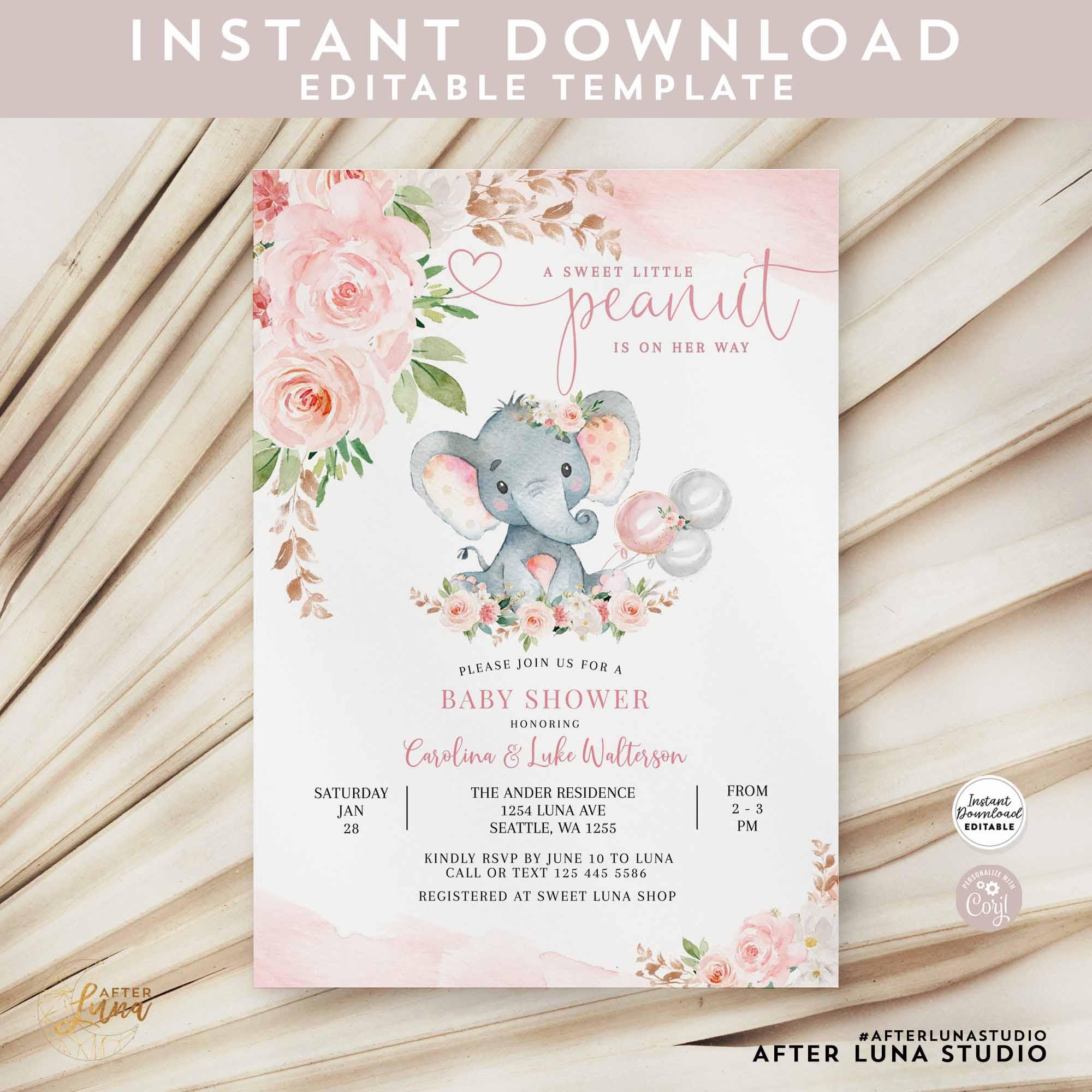 EDITABLE Blush Pink Rose Gold Elephant Baby Shower Invitation Girl Baby ...