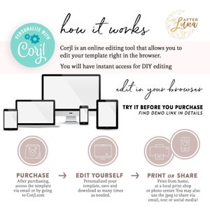 May include: A graphic showing how to use Corjl, an online editing tool. The graphic shows a computer, laptop, tablet, and phone, all displaying the same template. The graphic also shows a purchase button, an edit button, and a print button. The text "edit in your browser" is displayed in a large font.