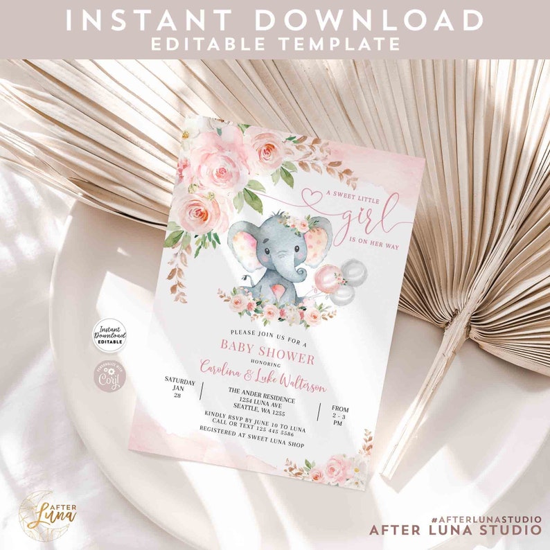 EDITABLE Blush Pink Rose Gold Elephant Baby Shower Invitation Etsy