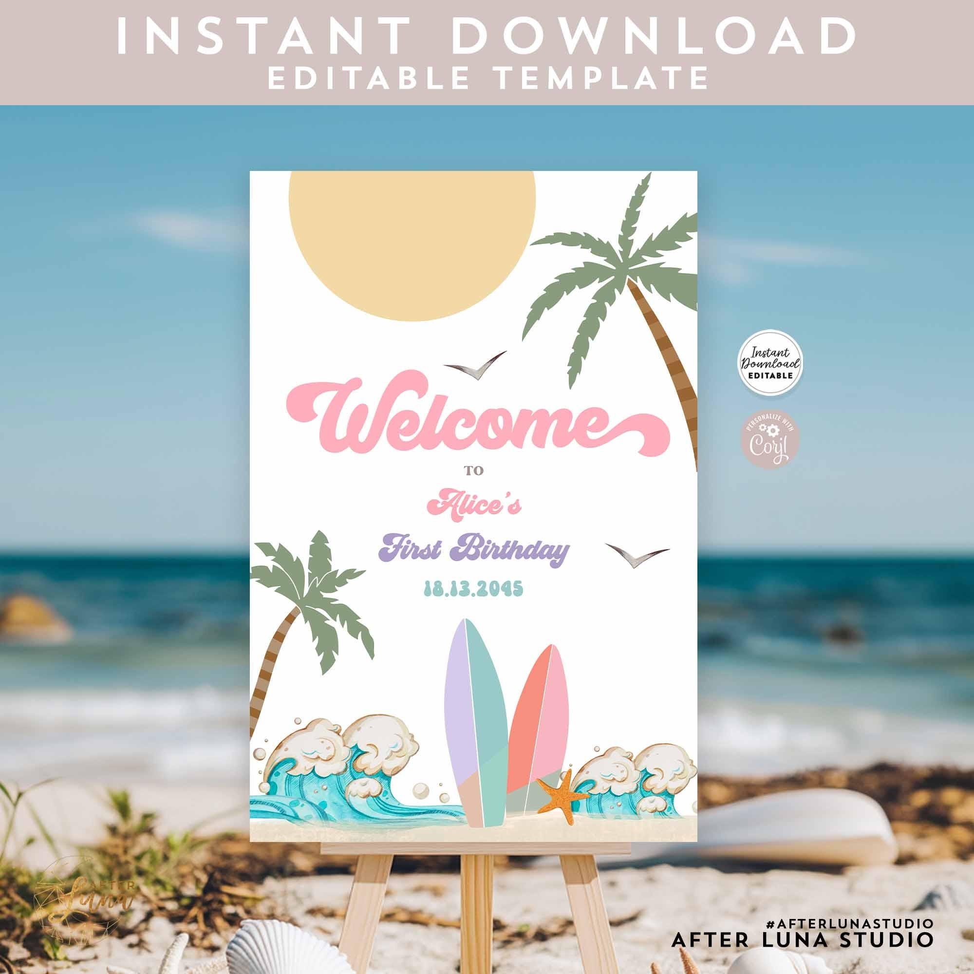 Editable Surf Surfing Pink Purple Girl Surf's Up Birthday Baby Shower Decor Welcome Sign Beach Party Decor Printable Instant Download 630K2